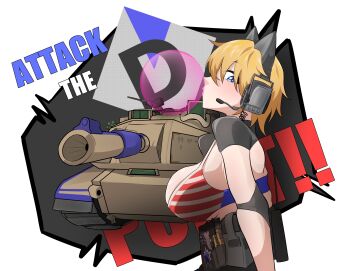 1girl absurdres american_flag bikini blonde_hair blue_eyes breasts highres large_breasts looking_at_viewer m1_abrams military military_vehicle motor_vehicle shirokami_da solo swimsuit tank war_thunder