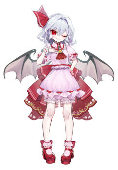 1girl absurdres aorin_oekaki ascot bat_wings blue_hair bow brooch commentary_request footwear_bow frilled_shirt_collar frilled_sleeves frills full_body hair_between_eyes hair_ribbon hand_on_own_hip hand_up highres jewelry looking_at_viewer mary_janes nail_polish no_headwear one_eye_closed pink_shirt pink_skirt puffy_short_sleeves puffy_sleeves red_ascot red_bow red_eyes red_nails red_ribbon red_shoes remilia_scarlet ribbon shirt shoes short_sleeves simple_background skirt skirt_set sleeve_bow smile solo standing tachi-e touhou white_background wings