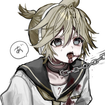 1boy bass_clef bishounen black_sailor_collar blonde_hair blood blood_from_mouth blood_on_clothes blue_eyes chain chain_leash collar hair_between_eyes headphones headset high_ponytail highres kagamine_len leash len_02 male_focus metal_collar motion_lines neckerchief open_mouth out_of_frame pocket ponytail print_shirt reverse_ryona sailor_collar shirt short_hair short_ponytail short_sleeves sidelocks simple_background solo speech_bubble tearing_up tears teeth translated upper_body vocaloid white_background white_shirt white_trim yellow_neckerchief