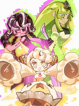 Rule 34 | 3girls, bodysuit, choco drizzle cookie, cookie run, cookie run: kingdom, green eyes, green hair, green tea mousse cookie, highres, hime cut, holding, holding shield, humanization, long hair, looking at viewer, multiple girls, pcacao, pudding a la mode cookie, shield, simple background, smile, straight hair, white background, white bodysuit