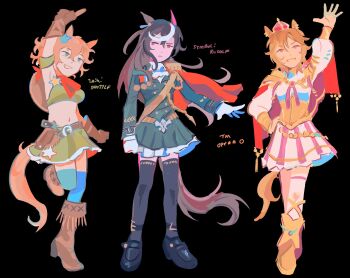 3girls animal_ear_piercing animal_ears arm_up armored_boots armpits ascot bare_shoulders belt belt_buckle black_background blonde_hair blue_ascot blue_eyes blue_theme boots brown_belt brown_boots brown_gloves brown_hair brown_hat buckle cape character_name clenched_hand closed_mouth collared_dress collared_shirt commentary corset cowboy_hat cowgirl_(western) crop_top crown detached_sleeves determined dot_nose dress ear_ornament english_commentary epaulettes floating_cape flshfish frilled_ascot frilled_dress frilled_skirt frills fringe_trim full_body gloves green_dress green_shirt green_skirt green_sleeves gun hair_between_eyes hair_ornament hand_on_own_hip handgun happy hat hat_on_back high_heel_boots high_heels highres holstered horse_ears horse_girl horse_tail knee_boots lace lace-trimmed_skirt lace_trim lapels leg_up light_frown long_sleeves medal medium_hair messy_hair midriff mini_crown miniskirt multicolored_hair multiple_girls multiple_piercings navel notched_lapels open_mouth orange_hair pink_crown pink_hair pink_ribbon pink_skirt pleated_dress pleated_skirt pointing pointing_up ponytail puffy_long_sleeves puffy_sleeves raised_eyebrow red_cape red_scarf ribbon scarf shirt shirt_under_dress short_dress short_hair short_sleeves side_cape simple_background single_epaulette single_thighhigh skirt skirt_set smile standing star_(symbol) star_hair_ornament streaked_hair striped_clothes striped_skirt symboli_rudolf_(emperor&#039;s_path)_(umamusume) symboli_rudolf_(umamusume) t.m._opera_o_(o_sole_suo!)_(umamusume) t.m._opera_o_(umamusume) taiki_shuttle_(umamusume) taiki_shuttle_(wild_frontier)_(umamusume) tail thighhighs two-sided_fabric two-sided_skirt two-tone_skirt umamusume vertical-striped_clothes vertical-striped_skirt waving weapon white_shirt white_skirt white_thighhighs yellow_boots yellow_corset zettai_ryouiki