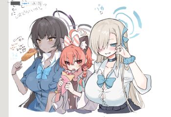 3girls ahoge ao_(mintz) aqua_bow aqua_bowtie aqua_cardigan asuna_(blue_archive) asuna_(school_uniform)_(blue_archive) black_choker black_halo blue_archive blue_bow blue_bowtie blue_cardigan blue_halo blue_nails blue_scrunchie blush bow bowtie bracelet braid breasts button_gap cardigan choker corn_dog dark-skinned_female dark_skin floral_print_shirt food hair_over_one_eye halo highres huge_ahoge jewelry karin_(blue_archive) karin_(school_uniform)_(blue_archive) large_breasts long_hair multiple_girls neru_(blue_archive) neru_(school_uniform)_(blue_archive) school_uniform scrunchie side_braid sleeves_rolled_up smile unfinished wrist_scrunchie yellow_eyes