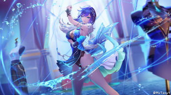 1girl absurdres artist_name black_gloves black_panties blue_dress blue_eyes blue_hair blue_lips breasts dress feather_boa floating_clothes genshin_impact gloves halter_dress halterneck highres hydrokinesis indoors lace lace_panties large_breasts looking_at_viewer mannequin official_alternate_costume official_alternate_hairstyle panties parted_lips single_glove sleeveless sleeveless_dress solo standing thread tony_maverick underwear water yelan_(genshin_impact) yelan_(tranquil_banquet)_(genshin_impact)