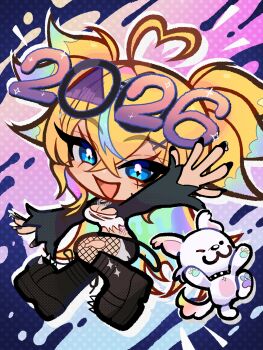 absurdres ahoge arielle_(vtuber) blonde_hair blue_eyes boots chibi commentary dog english_commentary eyewear_on_head fishnets heart heart_ahoge highres indie_virtual_youtuber multicolored_hair rainbow_hair short_twintails strapless tube_top twintails virtual_youtuber white_tube_top yu_arima