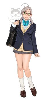 1girl absurdres antenna_hair aqua_neckerchief bag bespectacled black_jacket black_skirt braid breasts cardigan collared_shirt full_body glasses green_eyes grey_hair highres jacket kantai_collection kinugasa_(kancolle) long_hair looking_at_viewer low_twin_braids medium_breasts neckerchief ojipon open_mouth red-framed_eyewear school_bag school_uniform shirt skirt smile socks solo twin_braids twintails watermark white_background white_socks yellow_cardigan