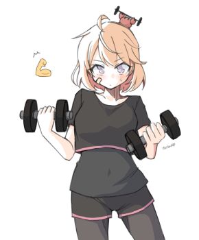 1girl ahoge alternate_costume animal animal_on_head bandaid bandaid_on_head black_pantyhose black_shirt black_shorts commentary_request crab crab_on_head dumbbell exercising grey_eyes highres holding holding_dumbbell kantai_collection looking_at_viewer oboro_(kancolle) on_head orange_hair pantyhose shirt short_hair shorts simple_background tatahai white_background