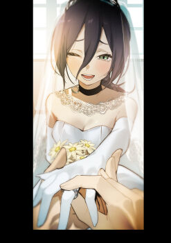 Rule 34 | 1girl, 1other, absurdres, black choker, black hair, bouquet, breasts, bridal veil, bride, chainsaw man, choker, cleavage, commentary request, dress, elbow gloves, flower, gloves, grabbing another's hand, green eyes, grenade pin, highres, holding, holding bouquet, jewelry, myuga66666, one eye closed, open mouth, reze (chainsaw man), ring, see-through clothes, see-through veil, small breasts, tearing up, veil, wedding, wedding dress, wedding ring, white dress, white flower, white gloves