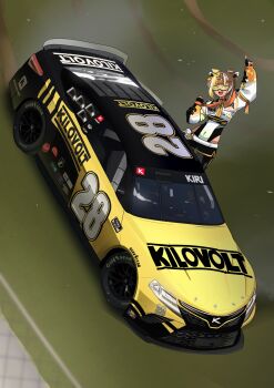 1girl animal_ears belt black_pants blonde_hair brown_eyes brown_hair car clenched_hand commission cow_ears cropped_jacket earrings fingerless_gloves globie gloves goodyear highres holeecrab jacket jewelry kiri_kilovolt leotard motor_vehicle multicolored_hair nascar navel pants pointing pointing_up race_vehicle racecar second-party_source solo split-color_hair sponsor streaked_hair sunglasses tinted_eyewear toyota toyota_camry vehicle_focus virtual_youtuber white_belt white_jacket white_leotard yellow-tinted_eyewear