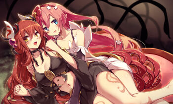 2girls absurdres bare_shoulders black_dress blue_eyes blush breasts cleavage commentary_request detached_sleeves dress duel_monster flower hair_flower hair_ornament highres horns kanzakietc long_hair looking_at_viewer medium_breasts midriff multiple_girls navel open_mouth pink_hair pointy_ears red_hair skirt smile tattoo traptrix_allomerus traptrix_rafflesia yellow_eyes yu-gi-oh!