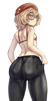 1girl ass beret blush bra breasts brown_eyes brown_hair clio_aite closed_mouth commentary cowboy_shot english_commentary from_behind glasses hair_between_eyes hat highres looking_at_viewer no_pants no_shirt pantyhose phase_connect red_bra red_hat round_eyewear scar scar_across_eye scar_on_face seori091 short_hair small_breasts smile solo underwear virtual_youtuber white_background