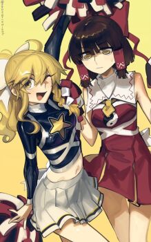 2girls ascot blue_shirt boa_(brianoa) bow brown_hair cheerleader crop_top dress hair_bow hair_tubes hakurei_reimu kirisame_marisa looking_at_viewer medium_hair midriff multiple_girls navel pom_pom_(cheerleading) red_dress shirt short_hair skirt touhou white_bow white_skirt yellow_ascot yellow_background yellow_eyes yin_yang
