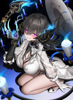 1girl black_gloves blue_streaks blush breasts candle cleavage closed_mouth commentary demon_girl demon_horns demon_tail dress flower gloves hat highres holding holding_flower honkai:_star_rail honkai_(series) horns large_breasts long_hair looking_at_viewer mole mole_under_eye multicolored_hair purple_eyes shoes smile solo streaked_hair sunkilow tail the_dahlia_(honkai:_star_rail) white_dress white_gloves white_hat white_shoes