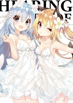 Rule 34 | 2girls, :d, animal ear fluff, animal ears, bare arms, bare shoulders, blonde hair, blue eyes, blue hair, breasts, cat ears, cat girl, cat tail, cleavage, commentary request, dress, flower, hair flower, hair ornament, hair ribbon, hand up, highres, long hair, looking at viewer, medium breasts, multiple girls, one eye closed, one side up, open mouth, original, panties, red eyes, ribbon, saeki touma, see-through clothes, see-through dress, side-tie panties, simple background, sleeveless, sleeveless dress, smile, standing, tail, text background, underwear, very long hair, white background, white dress, white flower, white panties, white ribbon