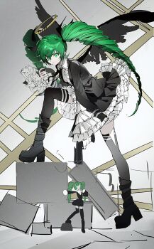 Rule 34 | 1girl, black boots, black dress, black ribbon, black thighhighs, black wings, boots, closed mouth, collared dress, commentary, dress, drill hair, english commentary, figure, frilled dress, frills, full body, green eyes, green hair, gun, halo, handgun, hatsune miku, hatsune miku (dark angel), highres, himitsu keisatsu (vocaloid), holding, holding gun, holding weapon, looking at viewer, neck ribbon, ribbon, rumoon, solo, thighhighs, twin drills, uneven footing, v-shaped eyebrows, vocaloid, weapon, wings, yellow halo