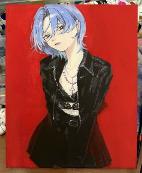 Rule 34 | 1girl, absurdres, bead necklace, beads, belt, black belt, black skirt, black tube top, blue hair, breasts, brown eyes, collared jacket, cowboy shot, cross, cross necklace, earclip, earrings, hair between eyes, head tilt, highres, jacket, jewelry, lips, long sleeves, looking at viewer, lui n24, medium hair, necklace, nose, open clothes, open jacket, original, painting (medium), parted lips, photo (medium), red background, simple background, skirt, small breasts, solo, strapless, traditional media, tube top