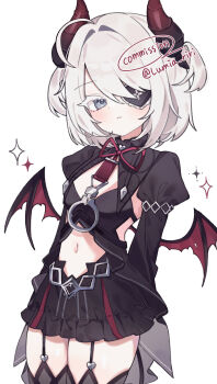 1girl arms_behind_back black_dress black_survival black_thighhighs blue_eyes breasts closed_mouth clothing_cutout colored_eyelashes commission cowboy_shot cowlick demon_horns demon_tail demon_wings dress eternal_return:_black_survival eyepatch garter_straps hair_intakes hair_over_one_eye highres horns juliet_sleeves light_blush light_frown long_sleeves looking_at_viewer lumia_riri medium_hair mini_wings navel navel_cutout official_alternate_costume one_eye_covered puffy_sleeves short_dress short_twintails simple_background single_handcuff sissela_kyle small_breasts solo sparkle tail thighhighs twintails twitter_username watermark white_background white_hair wings