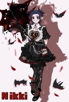 1girl animal ankle_boots bat_(animal) black_bloomers black_bow black_dress black_gloves black_pantyhose black_shoes bloomers blue_hair boots bow brown_eyes chain chinese_commentary closed_mouth commentary_request copyright_name crescent crescent_pin cross-laced_clothes cross-laced_dress dot_nose double_bun dream-like_night_(infinity_nikki) dress eyelashes facepaint forehead frilled_dress frilled_gloves frilled_sleeves frills full_body gloves gothic_lolita hair_bow hair_bun hair_ornament happy heart heart_hair_ornament heart_print highres holding holding_umbrella infinity_nikki lipstick lolita_fashion looking_at_viewer makeup nikki_(series) pale_skin pantyhose petals pink_lips pocket print_dress puffy_short_sleeves puffy_sleeves red_umbrella rose_petals shadow shoes short_dress short_hair short_sleeves smile solo standing striped_clothes striped_dress torn_clothes torn_pantyhose torn_umbrella umbrella underwear vertical-striped_clothes vertical-striped_dress white_background yonghu_zhai_xiaocao