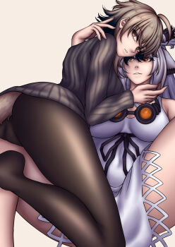 2girls aquaaqua arknights blue_hair brown_eyes brown_hair goggles goggles_around_neck highres mayer_(arknights) multiple_girls orange_eyes ptilopsis_(arknights) tail