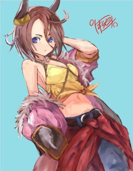 1girl animal_ears blue_background blue_eyes blue_pants hair_between_eyes horse_ears horse_girl jacket looking_at_viewer medium_hair narita_taishin_(nevertheless)_(umamusume) narita_taishin_(umamusume) official_alternate_costume open_mouth pants pink_jacket shirt solo umamusume yanagi_wakana yellow_shirt