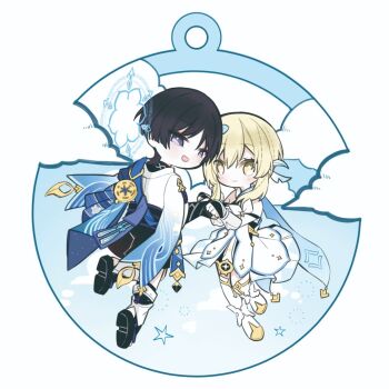 1boy 1girl animal_print bare_shoulders belt bird_print black_belt black_hair black_sandals black_shorts blonde_hair blue_cape blue_feathers blue_sky blue_trim blunt_ends blush bridal_legwear bright_pupils cape closed_mouth cloud detached_sleeves dress eyelashes eyeliner eyeshadow feather_hair_ornament feathers from_behind full_body furisode genshin_impact gold gold_shoes gradient_feathers hair_ornament halterneck hetero holding_hands japanese_clothes kimono kusa_013yyds leg_warmers looking_at_viewer looking_back lumine_(genshin_impact) makeup open_mouth parted_bangs purple_eyes purple_rope purple_sash red_eyeliner red_eyeshadow rope sandals sash scaramouche_(genshin_impact) scarf shoes short_hair short_hair_with_long_locks short_sleeves shorts sidelocks sky smile stirrup_legwear tareme tassel thighhighs toeless_legwear tsurime vambraces wanderer_(genshin_impact) white_background white_feathers white_kimono white_leg_warmers white_pupils white_scarf white_sleeves white_thighhighs white_trim wispy_bangs yellow_eyes zouri