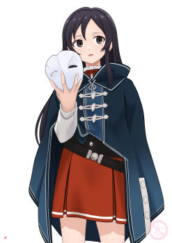 1girl absurdres belt black_corset black_eyes black_hair blue_cloak cloak commentary_request corset flat_chest highres holding holding_mask long_hair looking_ahead mask mushoku_tensei nanahoshi_shizuka nao_suke open_mouth ranoa_magic_academy_school_uniform red_skirt school_uniform simple_background skirt solo