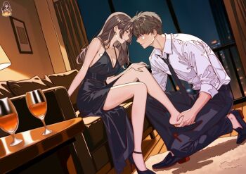 1boy 1girl black_dress black_necktie black_pants black_shoes breasts brown_hair caleb_(love_and_deepspace) cleavage collared_shirt couch couple cup dress drinking_glass forehead-to-forehead full_body hair_between_eyes hand_on_own_knee heads_together hetero highres holding_another&#039;s_foot indoors lamp light_blush loafers long_hair looking_at_another love_and_deepspace medium_breasts necktie pants picture_frame protagonist_(love_and_deepspace) removing_shoes shirt shoes short_hair sitting sleeveless sleeveless_dress sleeves_rolled_up smile strappy_heels tako_drawing white_shirt window wine_glass