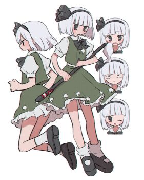 Rule 34 | 1girl, ;o, black eyes, black hairband, black shoes, blunt bangs, blunt ends, bow hairband, closed mouth, collared shirt, commentary, frilled skirt, frills, from side, full body, green skirt, green vest, hairband, highres, hitodama print, holding, holding sheath, konpaku youmu, mary janes, multiple views, one eye closed, open mouth, print skirt, ri (qrcode), rolling eyes, sheath, shirt, shoes, short hair, short sleeves, simple background, skirt, skirt set, socks, standing, sweatdrop, touhou, vest, white background, white hair, white shirt, white socks