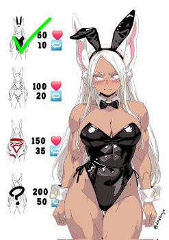 1girl ? alternate_costume animal_ear_hairband animal_ears bare_shoulders bikini black_bow black_bowtie black_hairband black_leotard blush boku_no_hero_academia bow bowtie breasts checkmark cleavage closed_mouth commentary_request corrupted_twitter_file covered_abs covered_navel dark-skinned_female dark_skin dodonjo fake_animal_ears gluteal_fold hairband highleg highleg_leotard highres large_breasts leotard like_and_retweet long_eyelashes long_hair looking_at_another mirko naked_ribbon parted_bangs playboy_bunny rabbit_ear_hairband rabbit_ears rabbit_girl red_eyes ribbon side-tie_leotard simple_background solo spanish_commentary strapless strapless_leotard swimsuit thick_thighs thigh_gap thighs toned toned_female twitter_username very_long_hair white_background white_hair white_wrist_cuffs wrist_cuffs