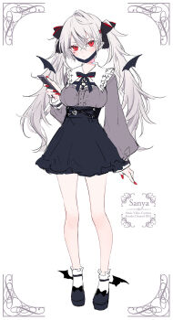 1girl ankle_socks ankle_wings arm_at_side barbell_piercing bare_legs bat_wings black_mask black_ribbon black_shoes black_skirt border breasts buttons cellphone center_frills character_name chest_belt closed_mouth commentary_request cross cross_print demon_wings detached_wings ear_piercing expressionless facial_mark fingernails frilled_shirt_collar frills full_body genderswap genderswap_(mtf) grey_shirt hair_ribbon hand_up heart heart_facial_mark heart_o-ring high-waist_skirt highres holding holding_phone industrial_piercing jirai_kei kuzuha_(nijisanji) large_breasts long_hair long_sleeves looking_at_viewer mark_under_eye mary_janes mask mask_pull mini_wings mole mole_under_eye mouth_mask multiple_piercings nail_polish neck_ribbon nijisanji o-ring official_alternate_costume official_alternate_hairstyle official_art ornate_border phone piercing pinky_ring pleated_skirt pointy_ears puffy_long_sleeves puffy_sleeves puritan_collar red_eyes red_nails ribbon rurudo sanya_(kuzuha) second-party_source shirt shoes simple_background single_hair_intake skirt sleeve_cuffs smartphone socks solo standing twintails two-sided_ribbon underbust vampire_(vocaloid) virtual_youtuber white_background white_hair white_socks wings