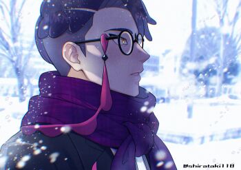 1boy absurdres black-framed_eyewear black_jacket commentary_request corbeau_(pokemon) from_side glasses highres jacket looking_up male_focus nintendo outdoors parted_hair parted_lips pokemon pokemon_legends:_z-a profile purple_hair purple_scarf round_eyewear scarf shirataki118 short_hair snowing solo suit_jacket tassel twitter_username undercut yellow_eyes