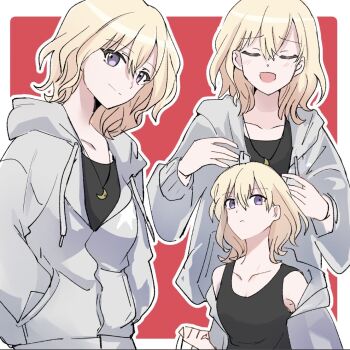 Rule 34 | 1girl, bang dream!, bang dream! it's mygo!!!!!, black tank top, blonde hair, closed eyes, collarbone, commentary request, grey jacket, hair between eyes, hood, hood down, hooded jacket, jacket, jewelry, medium hair, misumi uika, multiple views, necklace, open clothes, open jacket, open mouth, outline, purple eyes, setou (bpdne), tank top, white outline