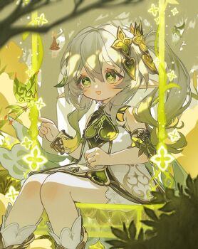 1girl :d aranara_(genshin_impact) bare_shoulders blush bracelet commentary_request crystalfly_(genshin_impact) detached_sleeves dress feet_out_of_frame genshin_impact gold_trim gradient_hair green_eyes green_hair green_sleeves hair_between_eyes hair_ornament highres jewelry kun_(user_ahgn2825) leaf_hair_ornament long_hair multicolored_hair nahida_(genshin_impact) on_swing open_mouth pointy_ears side_ponytail sitting sleeveless sleeveless_dress smile solo star-shaped_pupils star_(symbol) swing symbol-shaped_pupils tree white_dress white_hair