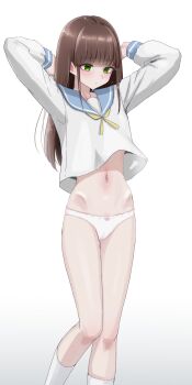 1girl arms_behind_head blouse blue_sailor_collar blunt_bangs blush bow bow_panties brown_hair cameltoe closed_mouth green_eyes highres hip_bones kneehighs long_hair long_sleeves looking_down mustee neckerchief no_pants original panties ribbon sailor_collar sailor_shirt school_uniform serafuku shirt sidelocks simple_background skinny socks solo standing underwear variant_set white_background white_panties white_serafuku white_socks winter_uniform