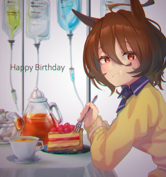 1girl agnes_tachyon_(umamusume) ahoge animal_ears black_collar black_necktie black_tea brown_hair cake cake_slice chromatic_aberration closed_mouth collar collared_shirt commentary_request crumbs cup dessert eating elbow_on_table food food_on_face fork fruit full_mouth glass_teapot hair_between_eyes happy_birthday highres holding holding_fork horse_ears horse_girl intravenous_drip long_sleeves looking_at_viewer looking_to_the_side necktie raised_eyebrows red_eyes shirt short_hair short_necktie sitting solo strawberry strawberry_cake sweater table tablecloth tea teacup teapot tenagaebi umamusume upper_body white_background yellow_sweater