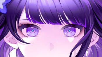 1girl blue_pupils blunt_bangs close-up commentary_request flower flower_ornament genshin_impact hair_ornament long_hair looking_at_viewer mole mole_under_eye momonga_damon multicolored_eyes multicolored_hair purple_eyes purple_flower purple_hair raiden_shogun shade solo streaked_hair upper_body