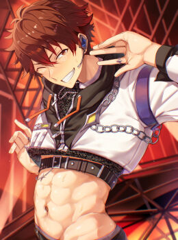1boy akadashipopo brown_eyes brown_hair buckle commentary drawstring ensemble_stars! fingernails grin hands_up headset highres jacket jewelry long_sleeves looking_at_viewer male_focus midriff morisawa_chiaki navel necklace official_alternate_costume one_eye_closed ring short_hair smile solo sweat upper_body