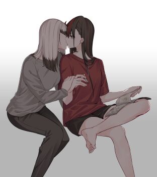 Rule 34 | 2girls, absurdres, barefoot, black hair, black shorts, blunt bangs, book, breasts, cigarette, closed eyes, colored tips, commentary request, crossed legs, earrings, from side, gradient background, grey pants, grey shirt, highres, holding, holding cigarette, inago akira, invisible chair, jewelry, jouhou, kiss, long hair, long sleeves, looking at another, medium breasts, medium hair, multicolored hair, multiple girls, open book, pants, red hair, red shirt, satsuki yomi, shirt, short sleeves, shorts, simple background, sitting, streaked hair, sweater, toji no miko, yuri
