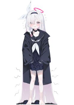 1girl absurdres barefoot black_coat black_hair black_hairband black_sailor_collar black_shoes black_skirt blue_archive blush braid coat commentary_request eyes_visible_through_hair flying_sweatdrops hair_over_one_eye hairband halo highres lifting_own_clothes long_coat long_hair looking_at_viewer neckerchief plana_(blue_archive) red_halo ribbon sailor_collar sharp_to_sharp shoes single_braid skirt sleeves_past_wrists solo sweatdrop unworn_shoes very_long_hair white_background white_hair white_neckerchief white_ribbon