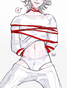 Rule 34 | 1boy, anger vein, aotsuki eito, artist name, bad id, bad twitter id, bound, bound arms, bound torso, clothes pull, collarbone, grey hair, grin, head out of frame, highres, male focus, male underwear, navel, pants, pants pull, shirt, short hair, simple background, smile, solo, spoken anger vein, sweat, the hundred line -last defense academy-, toasty mallo, underwear, white background, white male underwear, white shirt