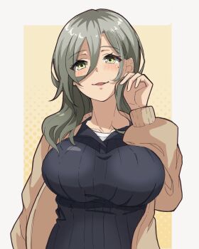 1girl alternate_hairstyle black_sweater breasts brown_cardigan cardigan collarbone dark-skinned_female dark_skin girls_band_cry green_eyes green_hair hair_between_eyes halftone halftone_background hand_in_own_hair hand_up highres large_breasts light_blush long_hair looking_at_viewer mole mole_under_eye multicolored_hair ngn_mahiro open_cardigan open_clothes parted_lips portrait roots_(hair) rupa_(girls_band_cry) shirt_under_sweater smile solo straight-on sweater two-tone_background white_background yellow_background