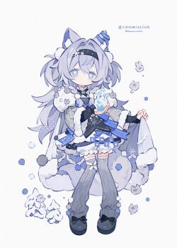 Rule 34 | 1girl, absurdres, animal ear fluff, animal ears, black bow, black gloves, black hairband, black shoes, bow, cat ears, cat girl, closed mouth, commission, footwear bow, full body, fur-trimmed sleeves, fur trim, gloves, grey jacket, grey thighhighs, hair intakes, hairband, highres, jacket, kanae (cookie), long hair, long sleeves, looking at viewer, open clothes, open jacket, original, purple hair, ribbed thighhighs, shoes, simple background, solo, standing, thighhighs, twitter username, white background