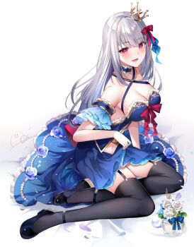 1girl aoi_(kirabosi105) bare_shoulders bead_necklace beads black_shoes black_thighhighs blue_choker blue_flower blue_skirt bow breasts choker cleavage commentary_request criss-cross_halter crown dress flower frilled_choker frills garter_straps grey_hair hair_ribbon halter_dress halterneck highres hoshizuki_lunna indie_virtual_youtuber jewelry large_breasts layered_skirt long_hair long_skirt looking_at_viewer mini_crown mole mole_under_eye navel necklace off-shoulder_dress off_shoulder open_mouth pink_bow pink_ribbon purple_eyes ribbon shoes sideboob sitting skirt solo thighhighs virtual_youtuber white_background white_flower yokozuwari