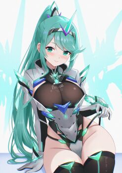 1girl arm_support armored_bodysuit black_thighhighs blush bodysuit breasts chest_jewel closed_mouth commentary danraz0r greek_text green_eyes headpiece highres horns impossible_bodysuit impossible_clothes impossible_leotard large_breasts leotard long_hair looking_at_viewer neon_trim pneuma_(xenoblade) ponytail pulling_own_clothes see-through_cleavage see-through_clothes simple_background single_horn sitting skin_tight skindentation smile solo strap_pull swept_bangs thighhighs thighs very_long_hair white_background xenoblade_chronicles_(series) xenoblade_chronicles_2