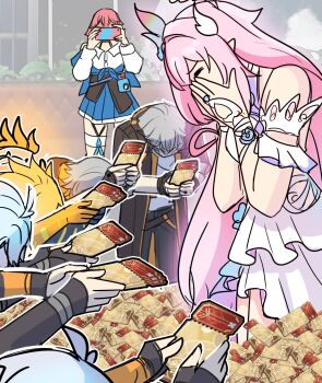 1girl 2girls 6+boys bare_shoulders black_jacket blue_skirt caelus_(honkai:_star_rail) camera cellphone cyrene_(honkai:_star_rail) cyrene_(ripples_of_past_reverie)_(honkai:_star_rail) danshi_koukou_valentine_(meme) grey_hair highres holding holding_ticket honkai:_star_rail honkai_(series) jacket march_7th_(honkai:_star_rail) meme multiple_boys multiple_girls open_clothes open_jacket phainon_(honkai:_star_rail) phainon_(khaslana)_(honkai:_star_rail) phone pun-rii shirt skirt smartphone star_rail_special_pass_(honkai:_star_rail) ticket trailblazer_(honkai:_star_rail) white_shirt