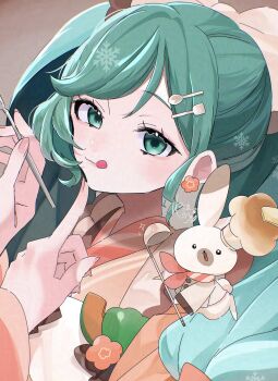 1girl absurdres akita_aaa apron bow chef_hat commentary_request fingernails fork_hair_ornament green_eyes green_hair hair_bow hair_ornament hat hatsune_miku highres holding holding_ladle holding_spoon japanese_clothes kimono ladle long_hair long_sleeves looking_at_viewer mini_chef_hat nail_polish official_alternate_costume official_alternate_hairstyle open_mouth orange_kimono pink_nails rabbit rabbit_yukine smile soup_ladle spoon spoon_hair_ornament tongue tongue_out twintails very_long_hair vocaloid wide_sleeves yuki_miku yuki_miku_(2024)