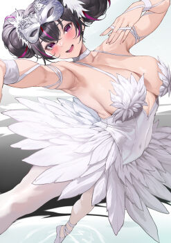 1girl aoi_sakura_(seak5545) arched_back arm_ribbon arm_up armpits ballerina ballet ballet_dress ballet_slippers bare_shoulders black_hair blush breasts chinese_commentary choker commentary_request covered_navel crossed_bangs dancing domino_mask double_bun dress en_pointe eye_mask feather-trimmed_dress feather_hair_ornament feathers feet_out_of_frame fingernails from_side goddess_of_victory:_nikke gradient_background grey_background hair_between_eyes hair_bun hair_ornament hand_up highres large_breasts looking_at_viewer looking_to_the_side mask mask_on_head mixed-language_commentary multicolored_hair official_alternate_costume open_mouth outstretched_arm paid_reward_available pantyhose pink_eyes pink_streaks quency_(escape_queen)_(masquerade_swan)_(nikke) quency_(escape_queen)_(nikke) quency_(nikke) ribbon short_hair sleeveless sleeveless_dress smile solo spaghetti_strap sparkle standing standing_on_one_leg streaked_hair two-tone_background water white_background white_choker white_dress white_pantyhose white_ribbon wrist_ribbon