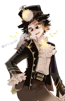 1boy :d animal animal_on_shoulder ascot black_hair black_jacket brown_eyes brown_pants cowboy_shot cross-shaped_pupils eric_knikki frilled_ascot frilled_sleeves frills glasses glowing_gem gold_teeth gold_trim hat hat_lantern identity_v jacket male_focus mole norton_campbell norton_campbell_(mr._mole) official_alternate_costume open_mouth pants pince-nez shirt shirt_tucked_in smile solo sunglasses symbol-shaped_pupils top_hat twitter_username white_ascot white_shirt