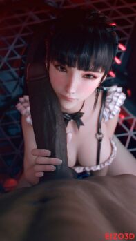 1boy 1girl 3d absurdres artist_name black_bow black_bowtie black_hair blush bow bowtie breasts brown_eyes cleavage closed_mouth commentary dark-skinned_male dark_skin dress eizo_3d english_commentary eve_(stellar_blade) eyelashes frilled_dress frills girthy_penis hand_up hetero highres interracial kneeling large_breasts large_penis looking_at_viewer looking_up pectorals penis penis_on_face pov stellar_blade variant_set veins veiny_penis very_dark_skin