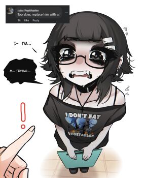 1girl 1other absurdres ai-generated_art_(topic) black_hair black_shirt blush cross cross_necklace crying english_text from_above glasses highres holding jewelry makeup megamind_(movie) mikuneki necklace original out_of_frame pointing pointing_at_another riyo_kaede_(mikuneki) shirt short_hair