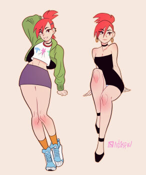 1girl arm_up black_choker black_dress blue_shoes bluesky_username breasts brown_eyes choker cleavage crop_top cropped_jacket cropped_shirt dress dual_persona earrings foster's_home_for_imaginary_friends frankie_foster green_jacket high_heels highres hoop_earrings jacket jewelry medium_breasts navel neal_d._anderson orange_socks panties pantyshot ponytail purple_skirt red_hair ringer_t-shirt shoes simple_background skirt smile socks stomach strapless strapless_dress underwear white_panties